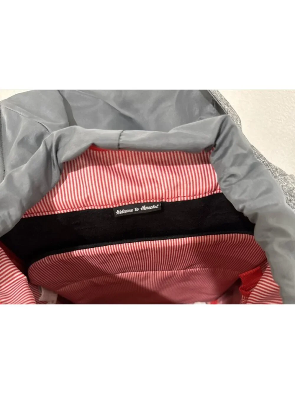 Herschel Supply Co Gray Laptop Backpack Raven Crosshatch and Red White Stripe